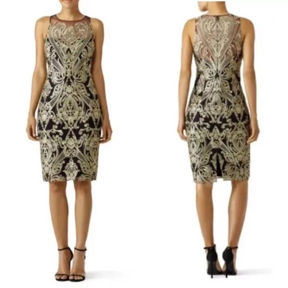 NWT Marchesa Notte Dress Formal Lace Golden Fiore Sheath Black Gold Sz 12 - Picture 1 of 13